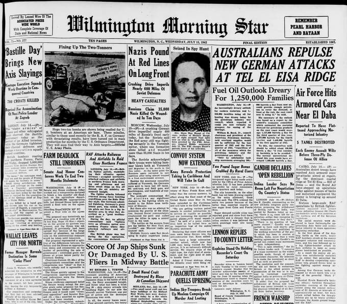 Front page, The Wilmington Morning Star, July 15, 1942