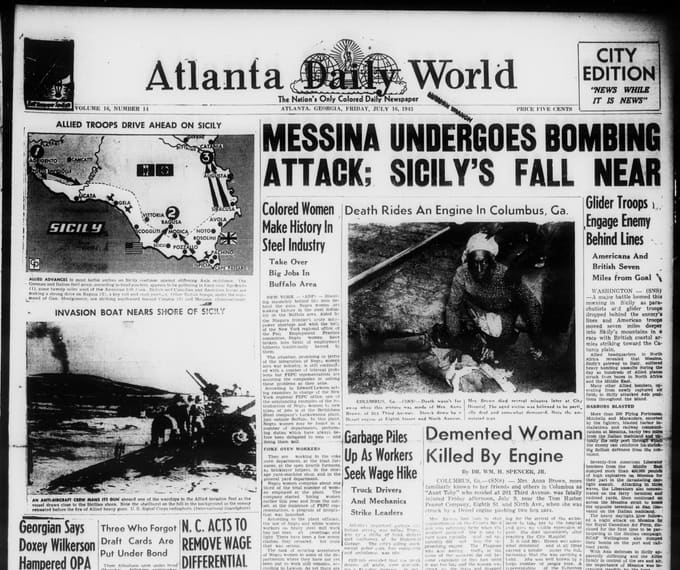 Front page, Atlanta Daily World, July 16, 1943
