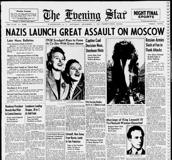 Front page, The Evening Star, December 6, 1941
