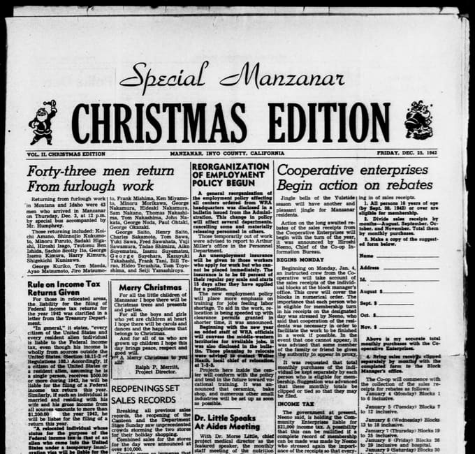 Front page, Manzanar Free Press, December 25, 1942