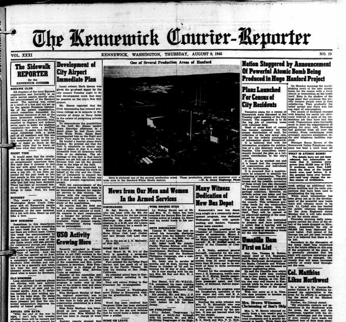 Front page, The Kennewick Courier-Reporter, August 9, 1945