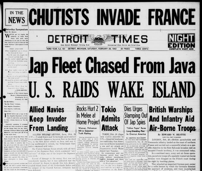 Front page, Detroit Evening Times, February 28, 1942