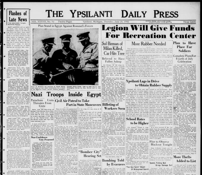 Front page, The Ypsilanti Daily Press, June 25, 1942