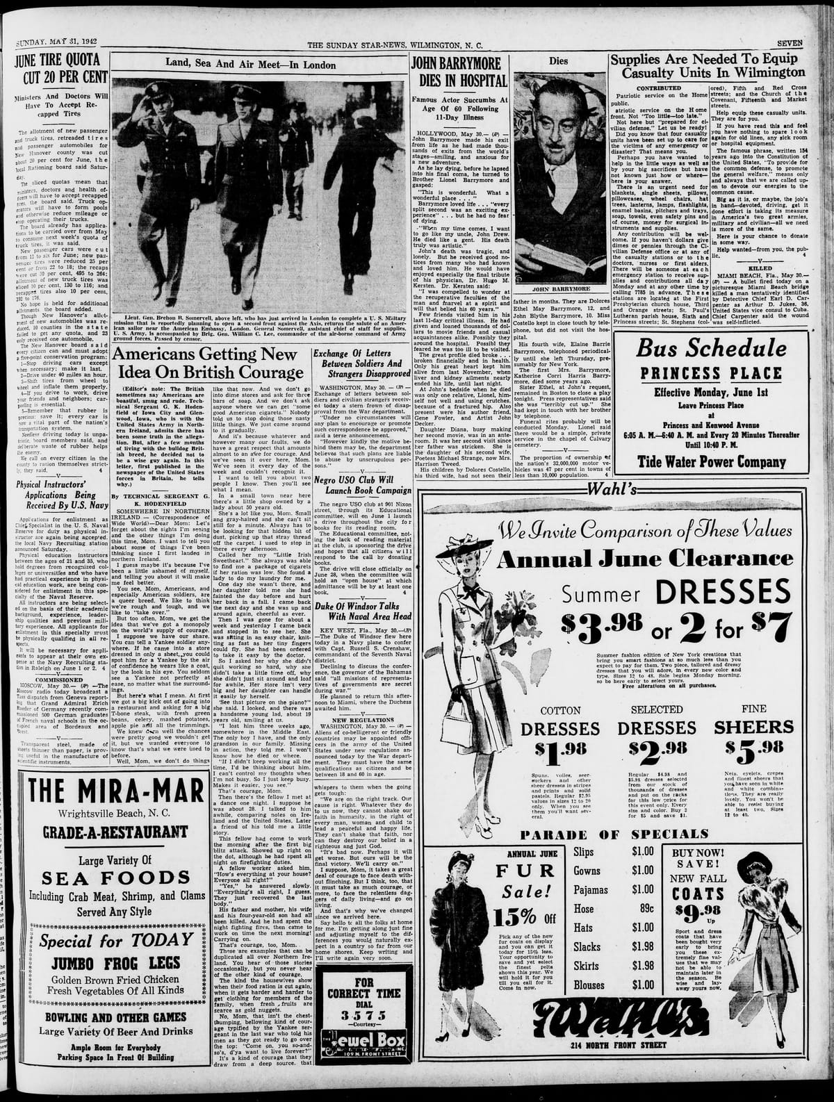 Front page of The Wilmington Morning Star, May 31, 1942