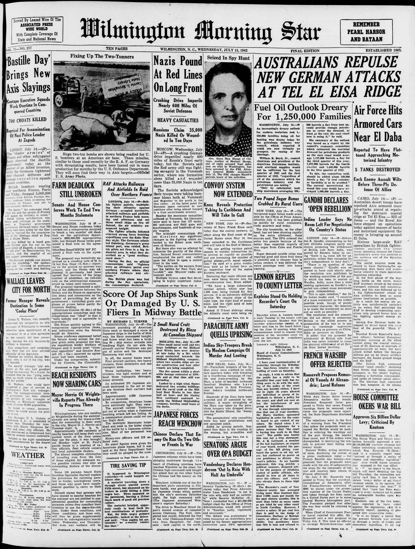 Front page of The Wilmington Morning Star, July 15, 1942