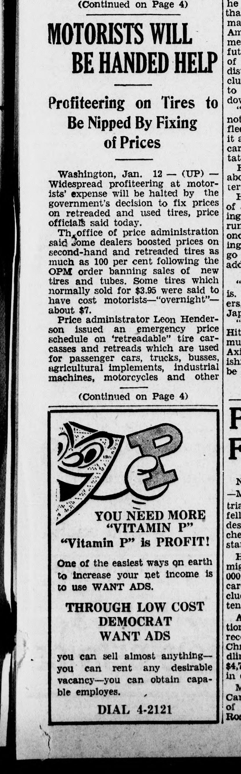 Waterbury Democrat, January 12, 1942, p. 1