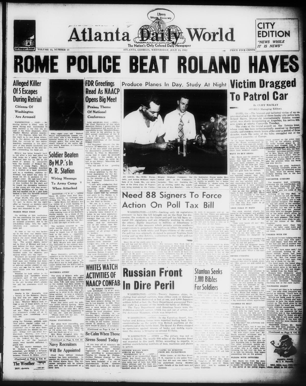 Front page of Atlanta Daily World, July 15, 1942