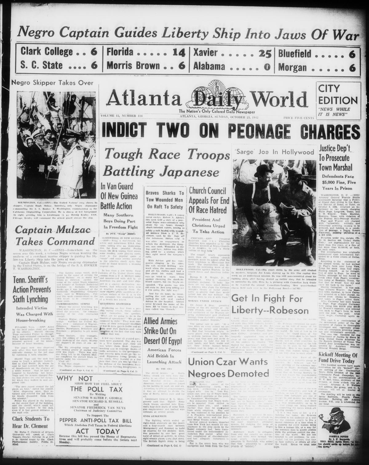 Front page of Atlanta Daily World, October 25, 1942