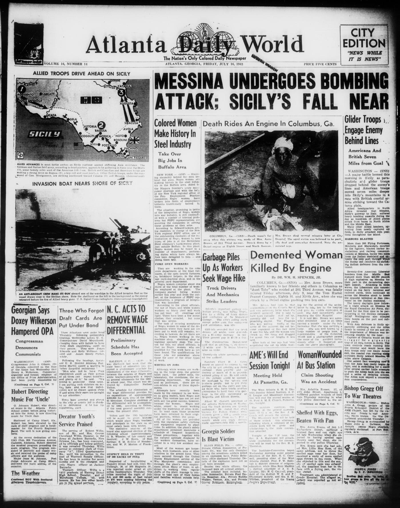 Front page of Atlanta Daily World, July 16, 1943