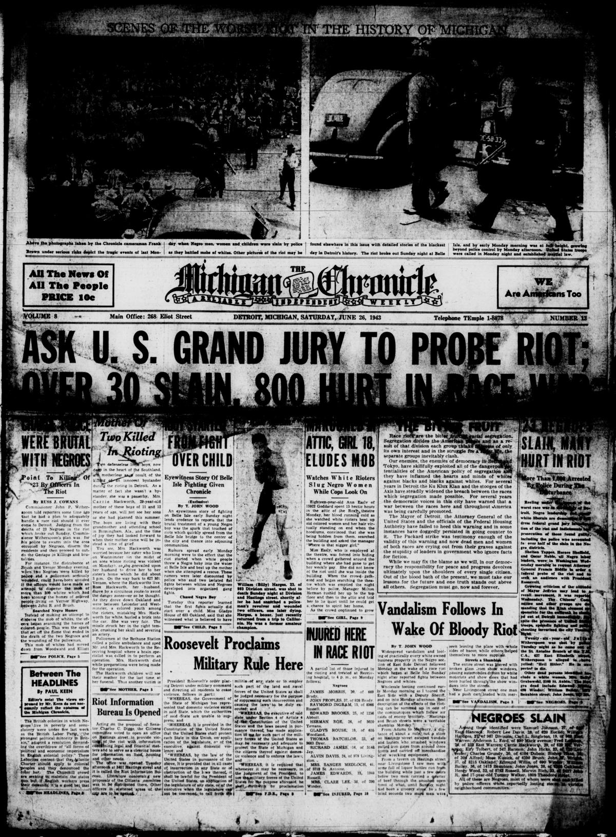 Front page of The Michigan Chronicle, June 26, 1943