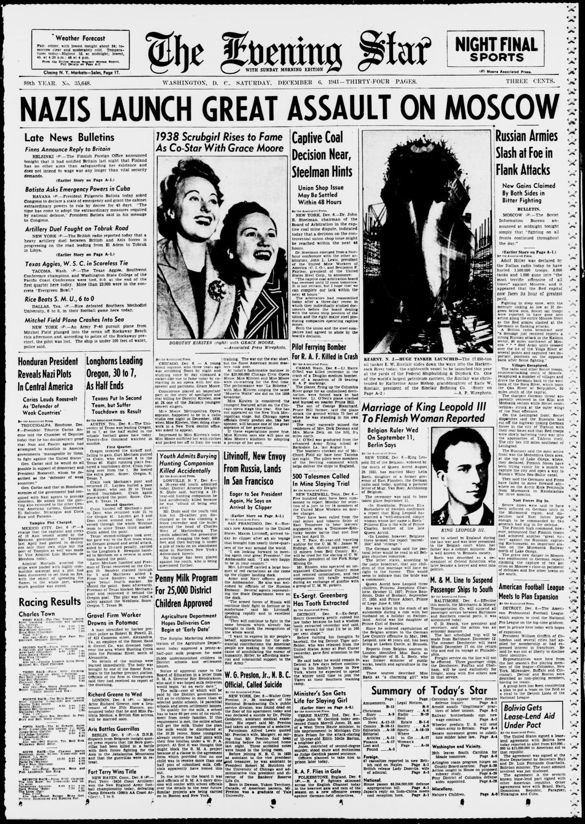 Front page of The Evening Star, December 6, 1941