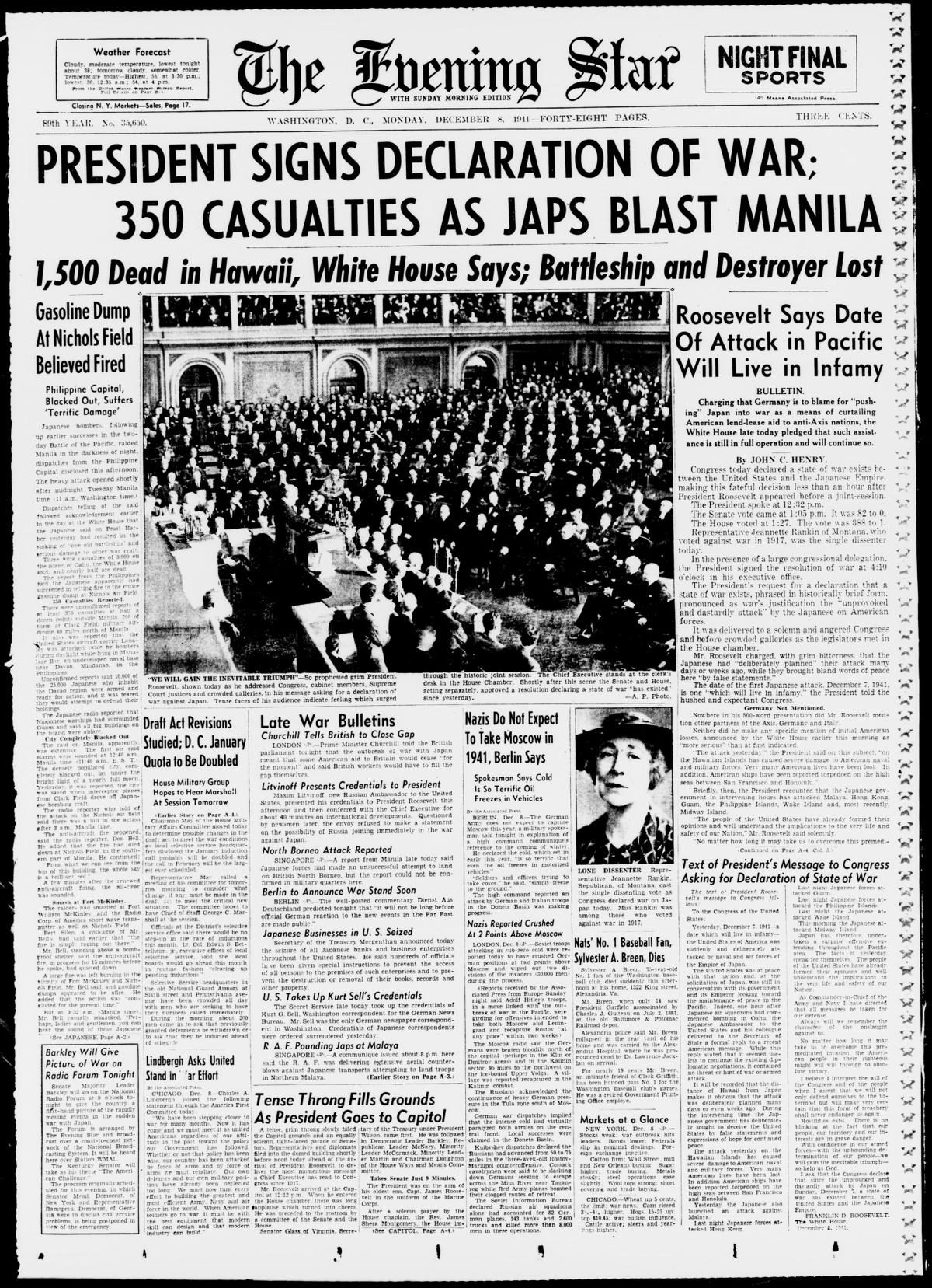 Front page of The Evening Star, December 8, 1941