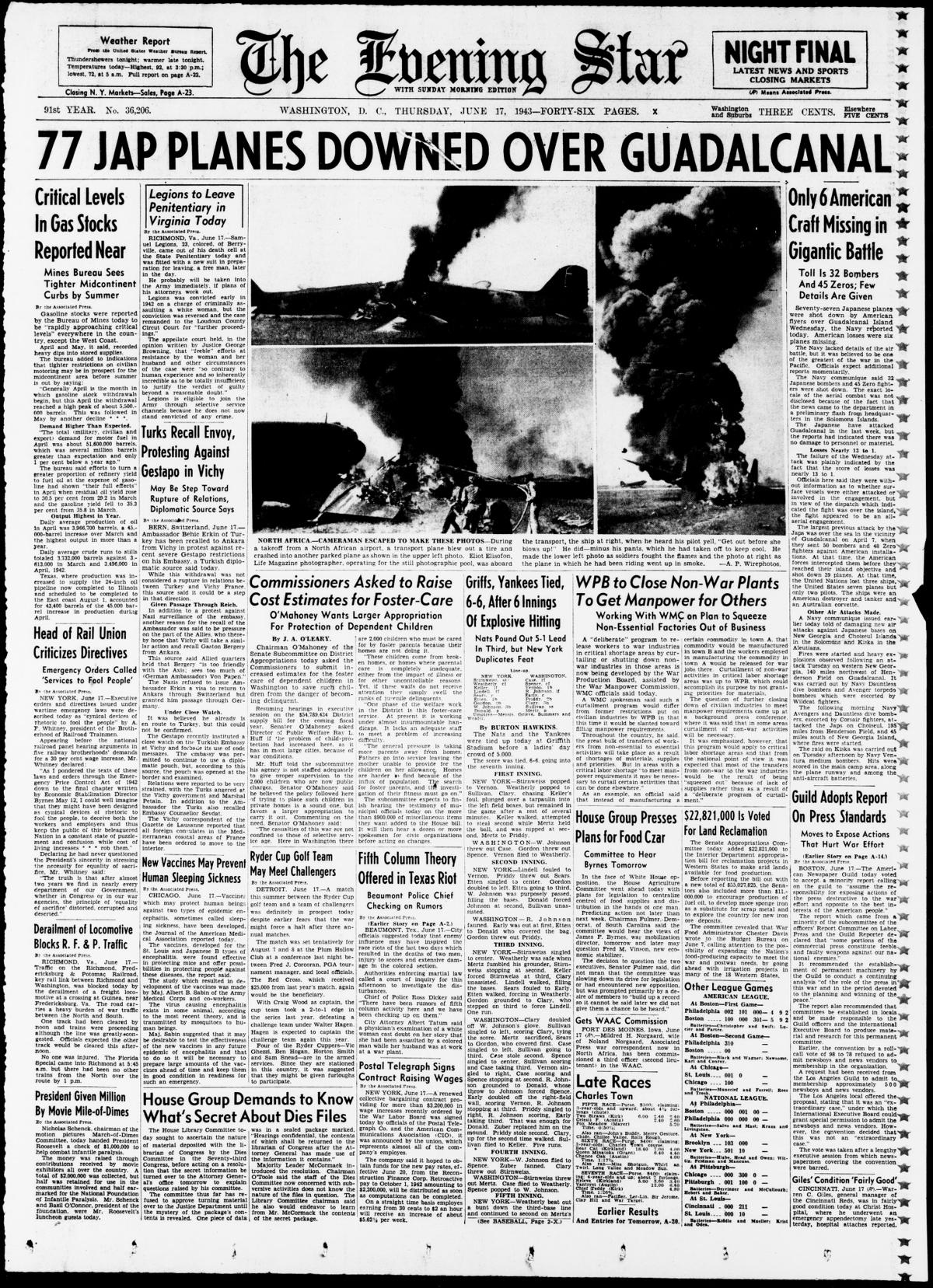 Front page of The Evening Star, June 17, 1943