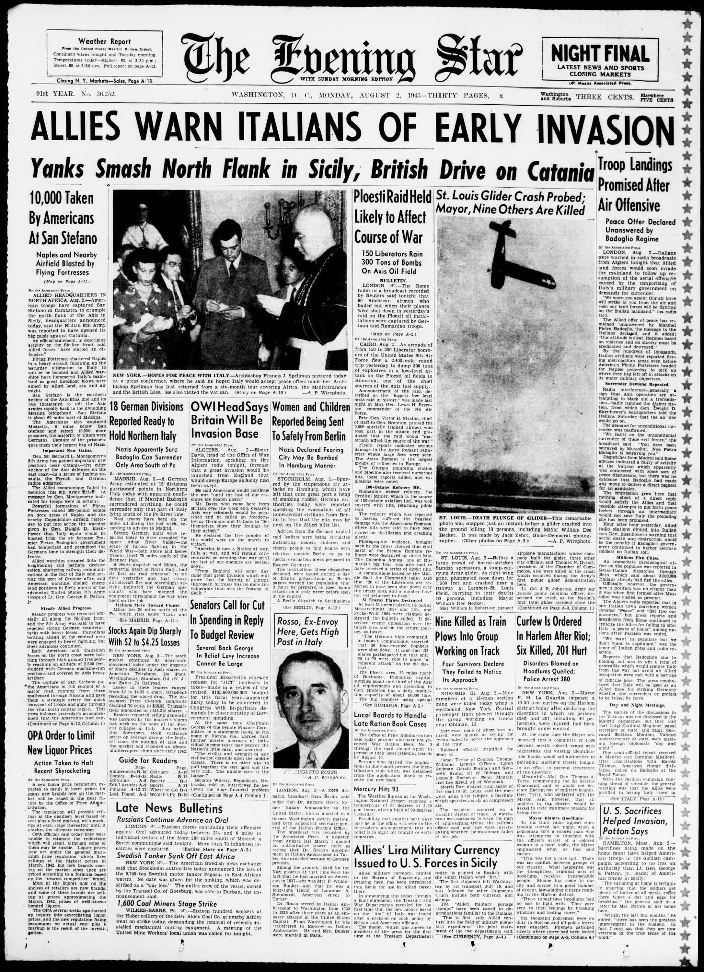 Front page of The Evening Star, August 2, 1943