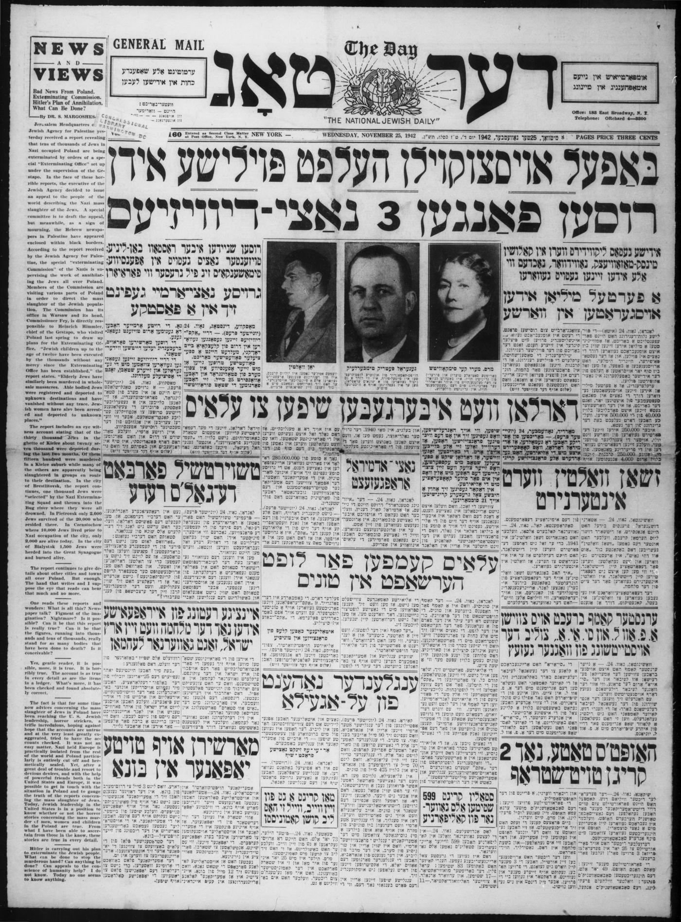Front page of Der Tog (The Day), November 25, 1942