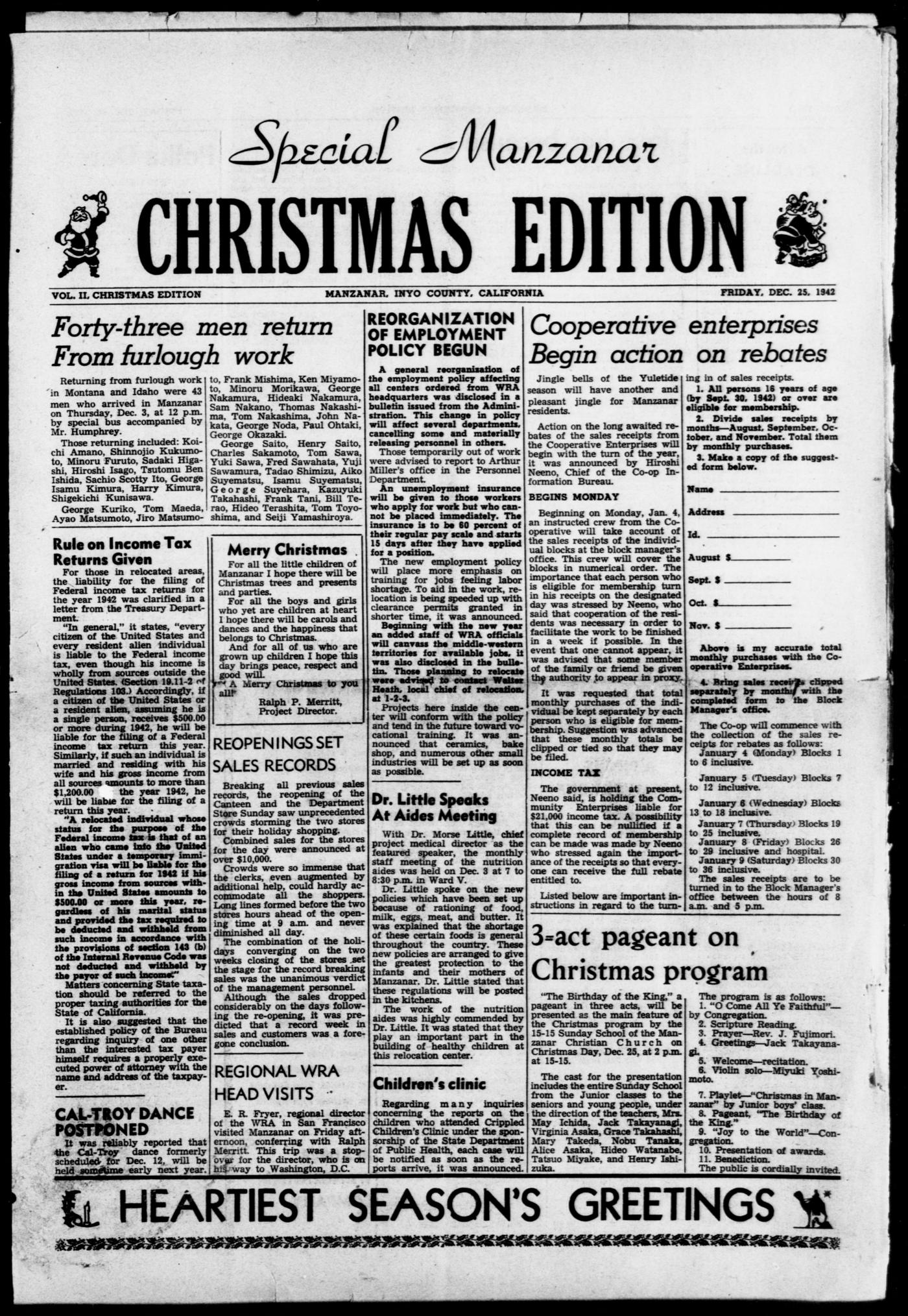 Front page of Manzanar Free Press, December 25, 1942