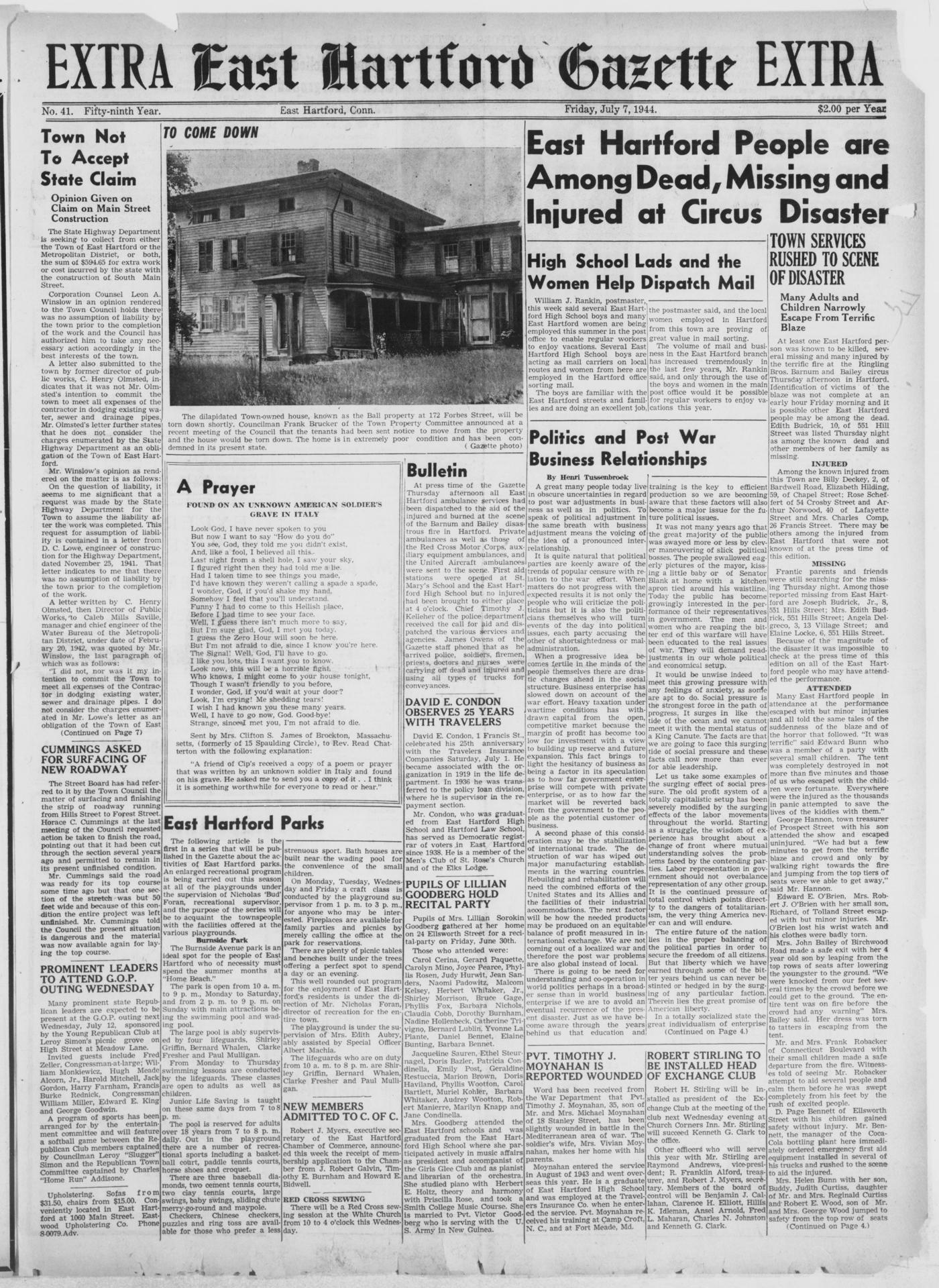 Front page of the East Hartford Gazette of July 7, 1944, with EXTRA printed on either side of the masthead and the headline: East Hartford People are Among Dead, Missing and Injured at Circus Disaster.