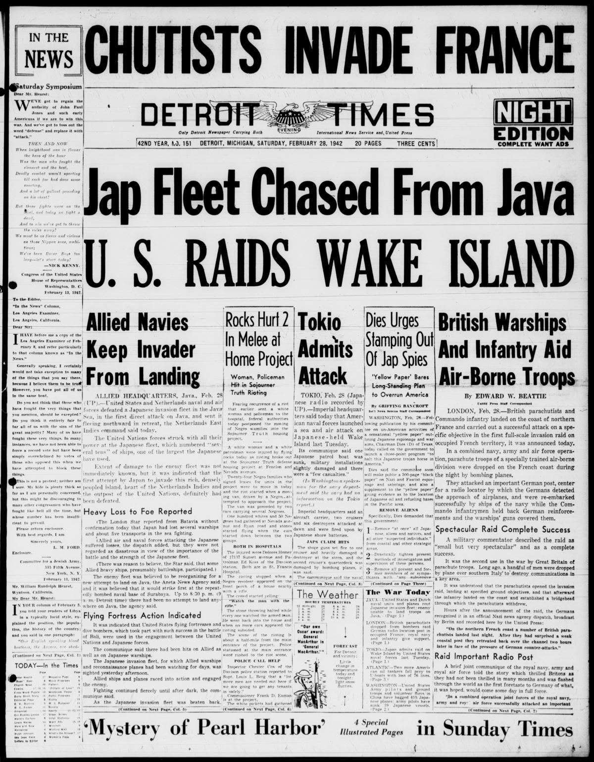 Front page of Detroit Evening Times, February 28, 1942