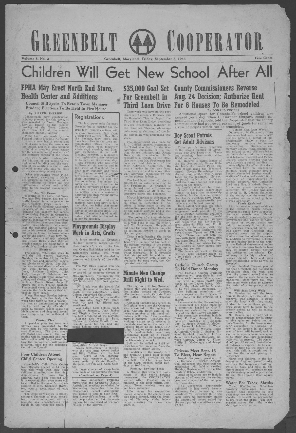 Front page of Greenbelt Cooperator, September 3, 1943