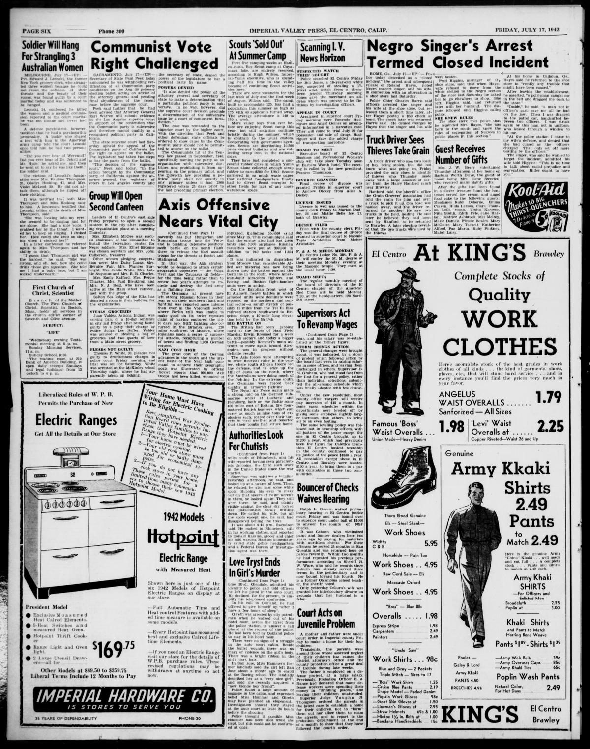 Front page of Imperial Valley Press, July 17, 1942